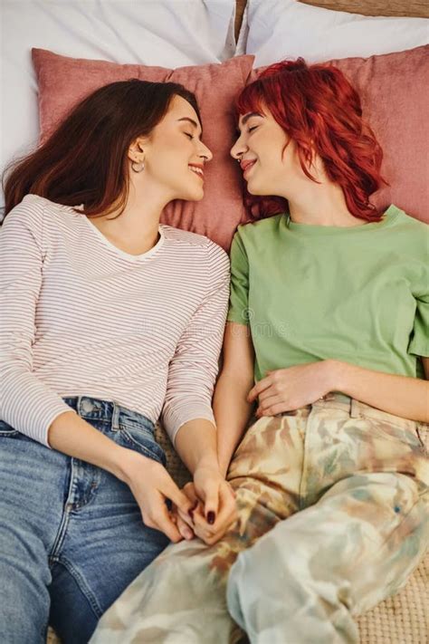 Top View Of Smiling Lesbian Couple Stock Image Image Of Peaceful
