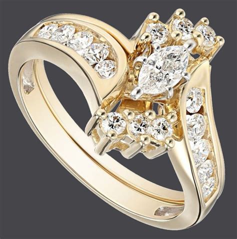 14k Yellow Gold Bypass Diamond with Marquise Wedding Bridal Ring Set ...