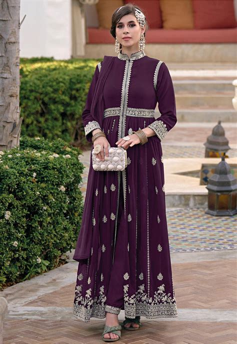 Buy Embroidered Georgette Front Slit Abaya Style Suit In Wine Online