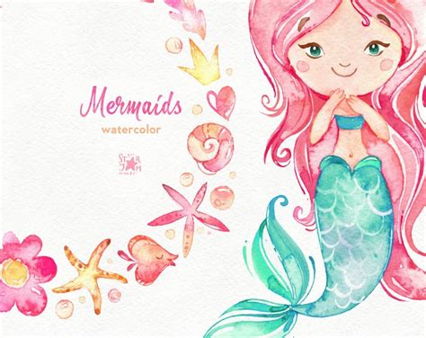 Mermaids Watercolor Clipart Sea Girls Magic Fairytale Nautical