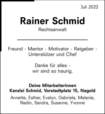 Traueranzeigen Von Rainer Schmid Schwarzw Lder Bote Trauer