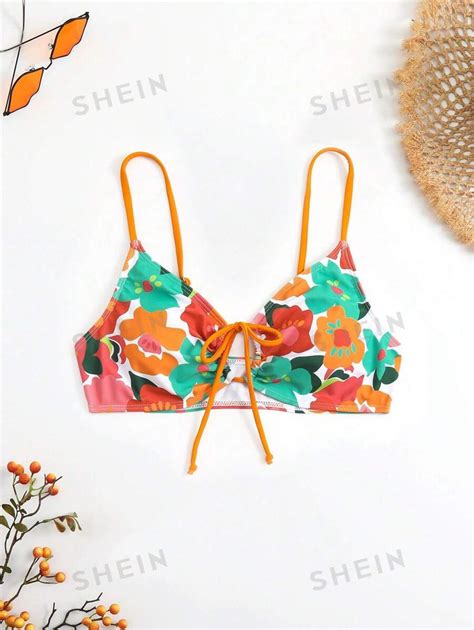 Shein Swim Mod Floral Print Tie Front Bikini Top For Sale Australia