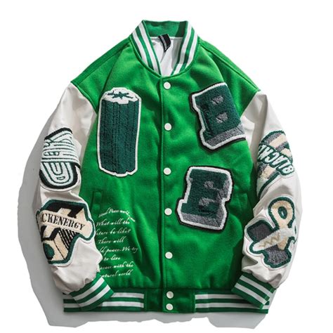 High Street Vintage Varsity Jacket Men Women Pu Leather Splice