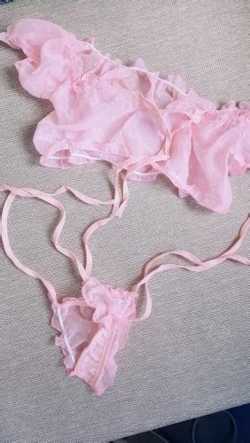 FREE SHIPPING Pink Lettuce Trim Dobby Mesh Tie Side Sexy Lingerie Set Women Intimates Frill Bra