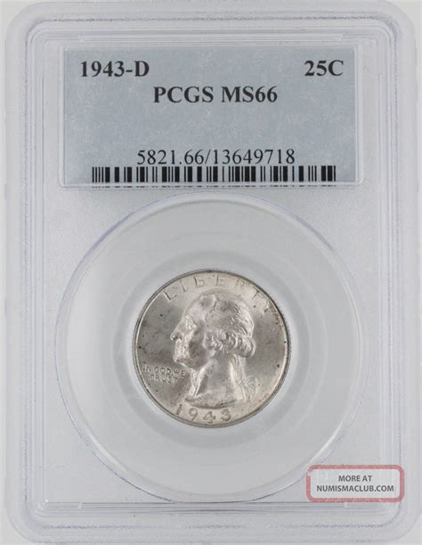 1943 D Washington Quarter Pcgs Ms66 Rare Silver 25c