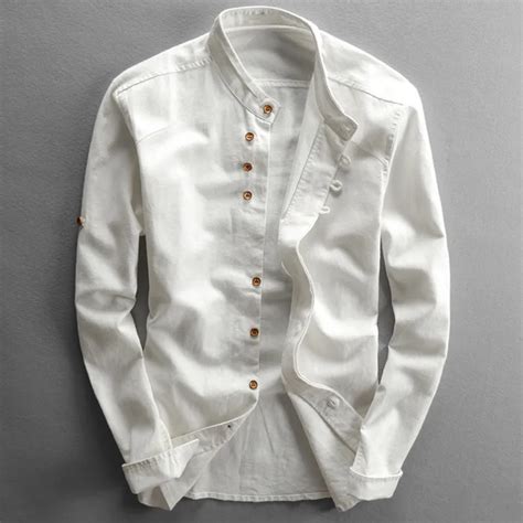 Japan Style Mens Linen Cotton Shirt Harajuku Stand Collar Long Sleeve