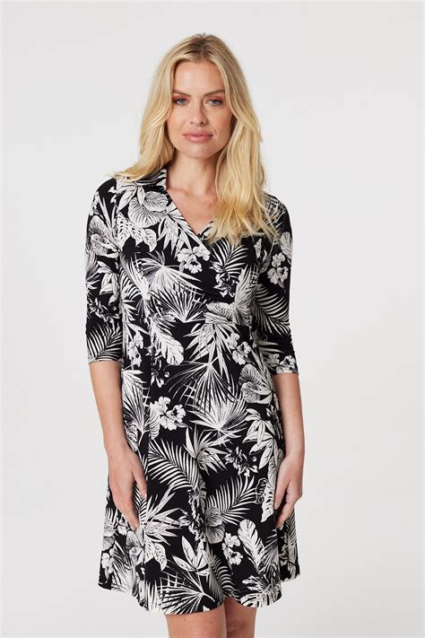 Leaf Print Wrap Front Shirt Dress Izabel London