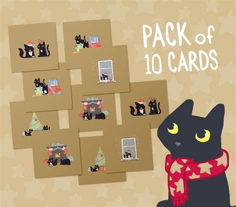 10 Black Cat Christmas Cards, Gold Holiday Card Pack, Ten Funny Cat Themed Christmas Cards ...