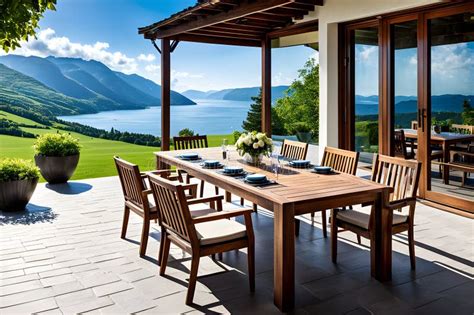 Outdoor Dining Table With Wooden Furniture Generative Ai Stock