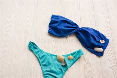 Women Split Multicolor Blue Swimsuit Bikini Summer Background Mockup Template Stock Photo