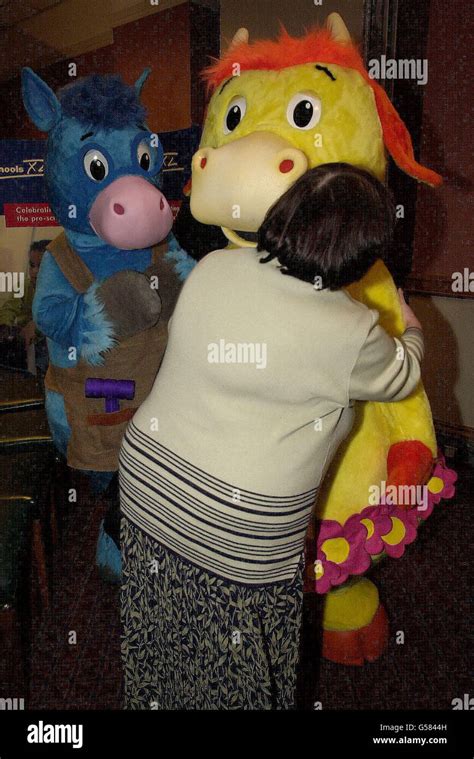Shadow Home Secretary Ann Widdecombe Cuddles Mascot Moo Moo While