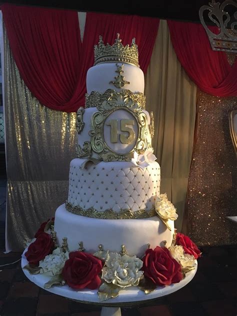 Red And Gold Quinceanera Cake With Roses