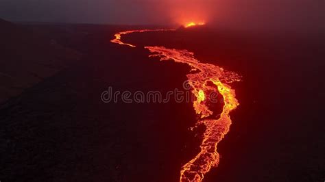 Lava River From Active Volcano Red Hot Burning Lava Erupts From Ground