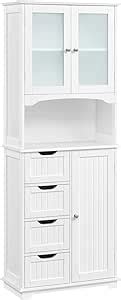 Yaheetech Tall Bathroom Floor Cabinet With 4 Drawers And Glass Doors