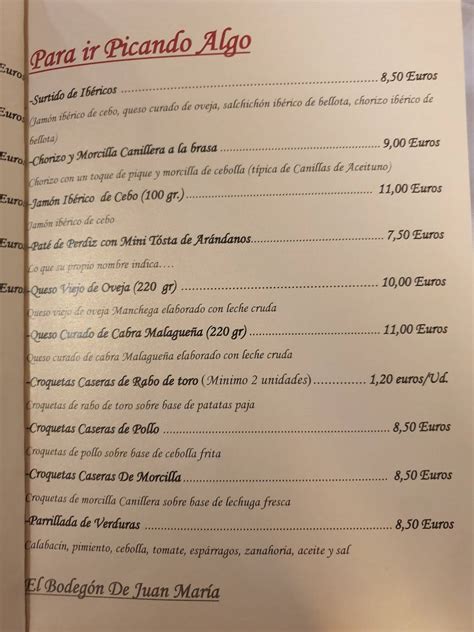 Carta de Restaurante El Bodegón de Juan María Canillas de Aceituno