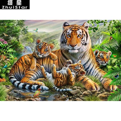 Nueva D Diy Diamante Pintura Tigre Lindo Familia Bordado Completo S R