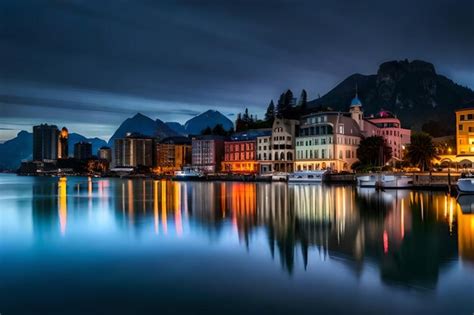 Una Ciudad De Noche Con Un Lago Y Monta As Al Fondo Foto Premium