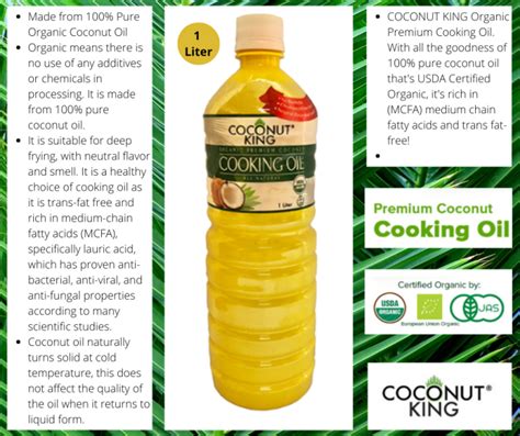 Coconut King Organic Premium Coconut Cooking Oil All Natural Liter