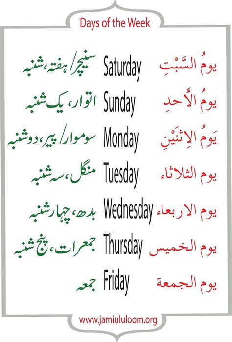 Days of the Week, ایام الاسبوع، ہفتے کے دن