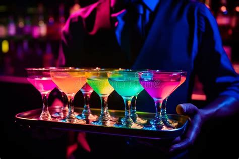 Waiter Holding A Tray With Glowing Colourful Cocktails Alcoholic