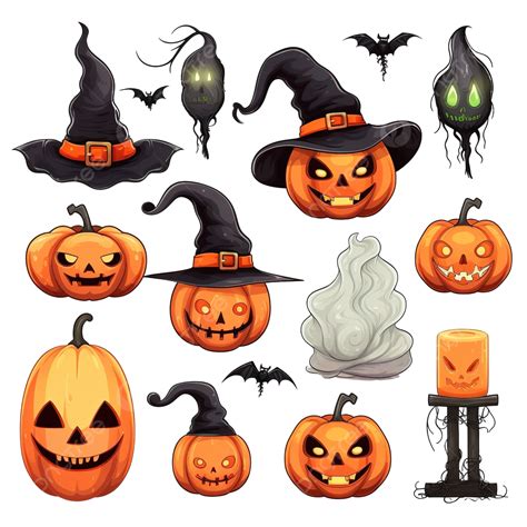 Halloween Objects Halloween Set With Bats Pumpkin Skull In A Hat Png