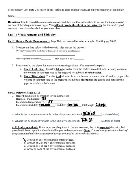 Lab 1 Lab Answers For Vandre Name Directions Use To Record