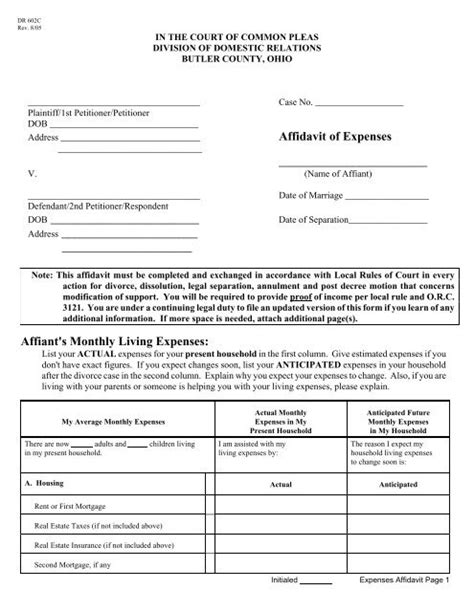 Affidavit Of Expenses Butler County Ohio