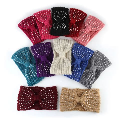 10pc Polyester Knitted Yarn Women Warm Headband Gypsophila Diamond