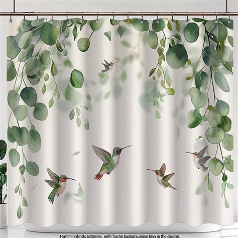 Eucalyptus And Hummingbirds Shower Curtain White Background With Green