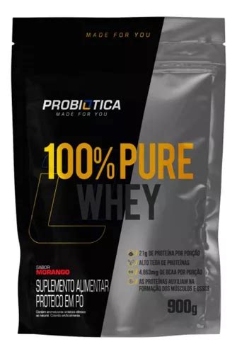 100 Pure Whey Refil 900g Probiótica Whey Concentrado Sabor Morango