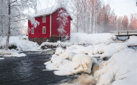 Papel De Parede Casa Gelo Inverno Natureza Panorama Vermelho