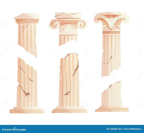 Antique Broken Greek Columns Vintage Buildings Set Prehistoric