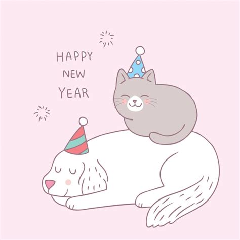 Premium Vector Cartoon Cute Dog And Cat Happy New Year Vector