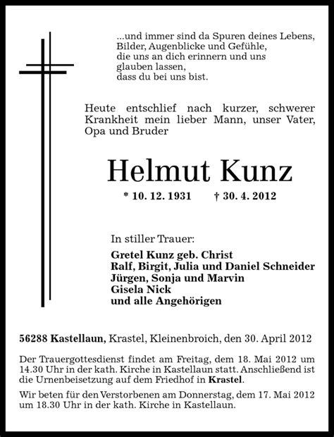 Traueranzeigen Von Helmut Kunz Rz Trauer De