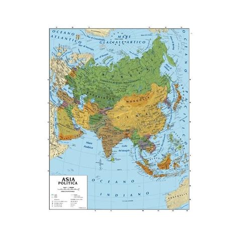 Cartina Carta Geogrifica Asia Bifacciale Fisica Politica 100x140cm