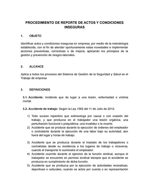 Procedimiento Reporte De Actos Y Condiciones Inseguras Procedimiento