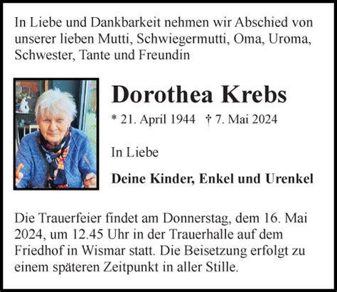 Traueranzeigen Von Dorothea Krebs Trauer Anzeigen De