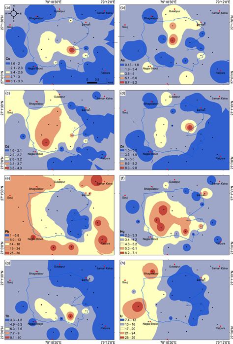 Spatial distribution maps of selected elements in study area identified ...