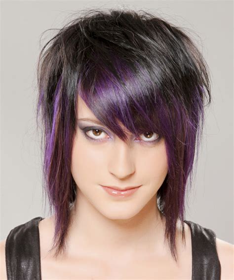 Medium Straight Alternative Hairstyle With Razor Cut Bangs Purple And Black Two Tone Hair Color