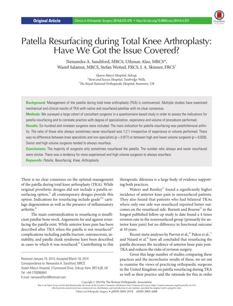 (PDF) Patella Resurfacing during Total Knee Arthroplasty: Have We Got ...