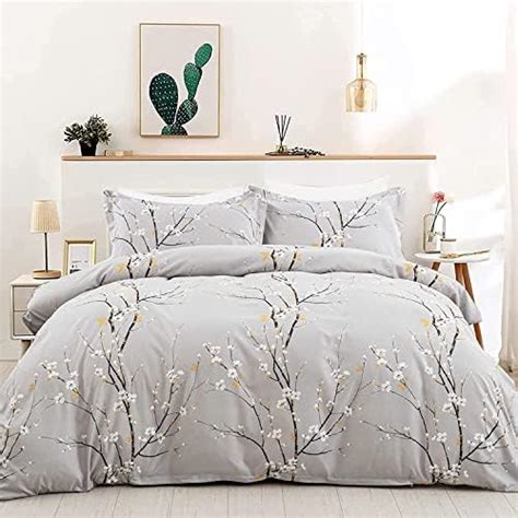 Freyamy Housse De Couette 140x200 Gris Fleurs Parure De Lit Adulte Avec