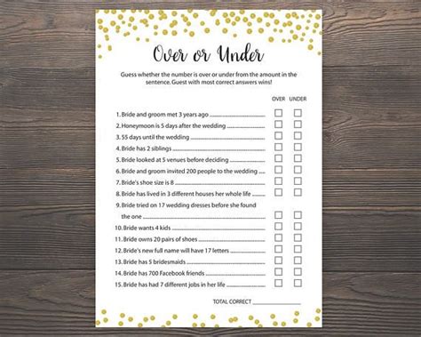 Over Or Under Game Bridal Shower Games Printable Bridal Shower Over