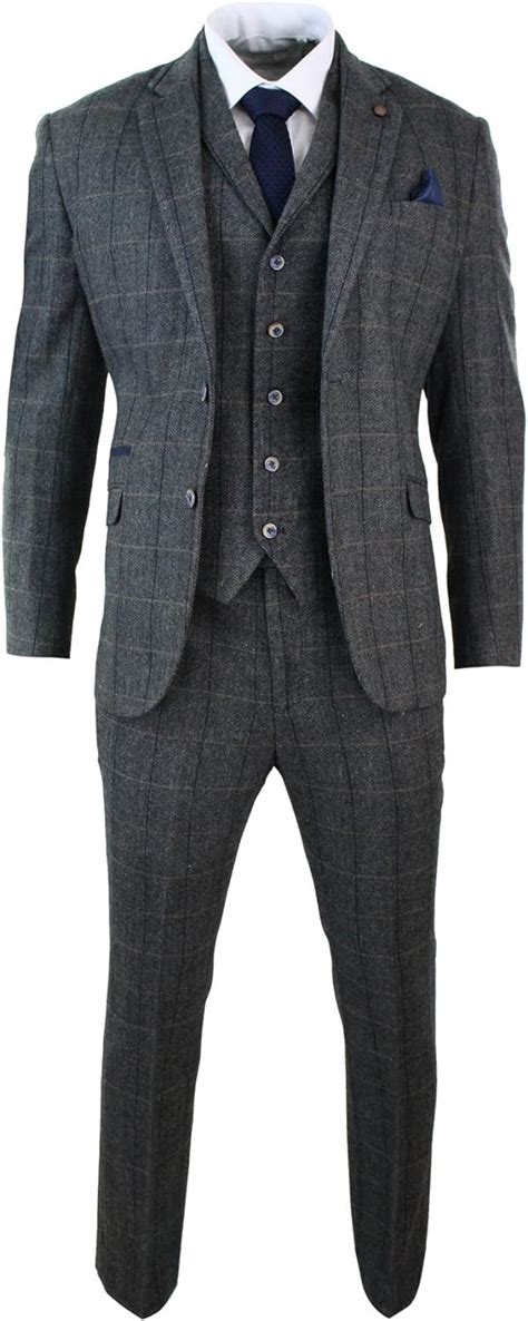 Cavani Mens 3 Piece Classic Tweed Herringbone Check Grey Navy Slim Fit