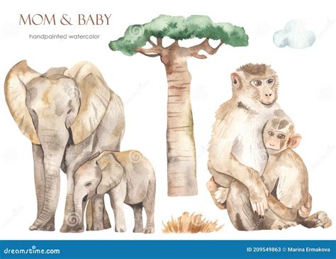 Watercolor Set Mom And Baby Africa Elephants Monkeys Baobab Cloud