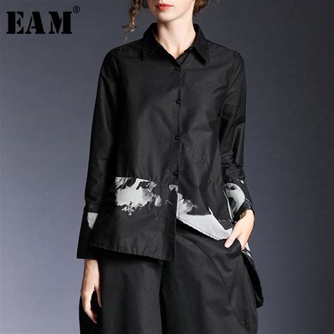 Eam New Spring Summer Lapel Long Sleeve Black Pattern Printed