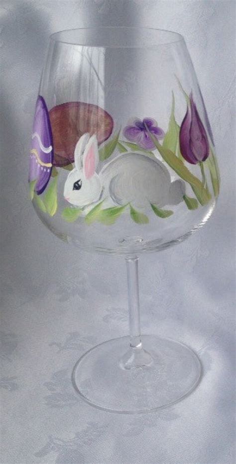 Items Similar To Set Of Two Easter Hand Painted Wine Glasses Bunny