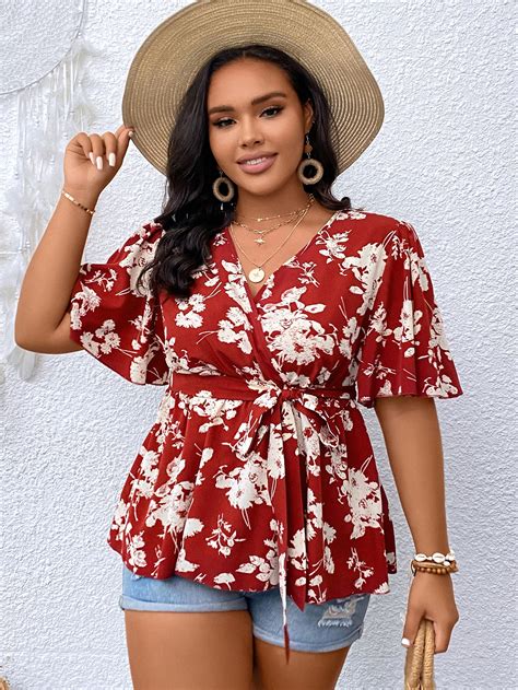 SHEIN LUNE Plus Floral Print Butterfly Sleeve Belted Peplum Blouse