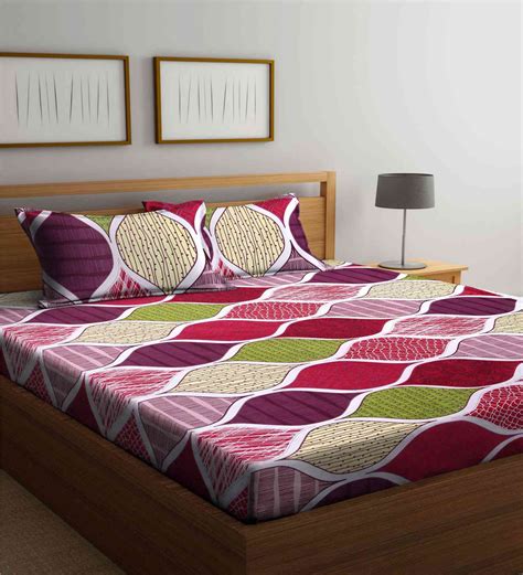 Buy Multicolor Striped 300 Tc Cotton Blend King Sized Bed Sheets With 2