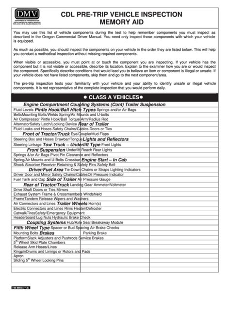 Printable Cdl Pre Trip Inspection Sheet