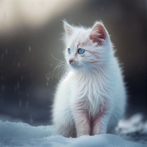 Ai Generativo Hermoso Gato Blanco Esponjoso En El Bosque Nevado Stock